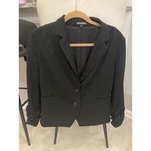 Express Women's 2 Button Blazer Jacket Size 10 BlackSuit Coat 3/4 Ruched Sleeves